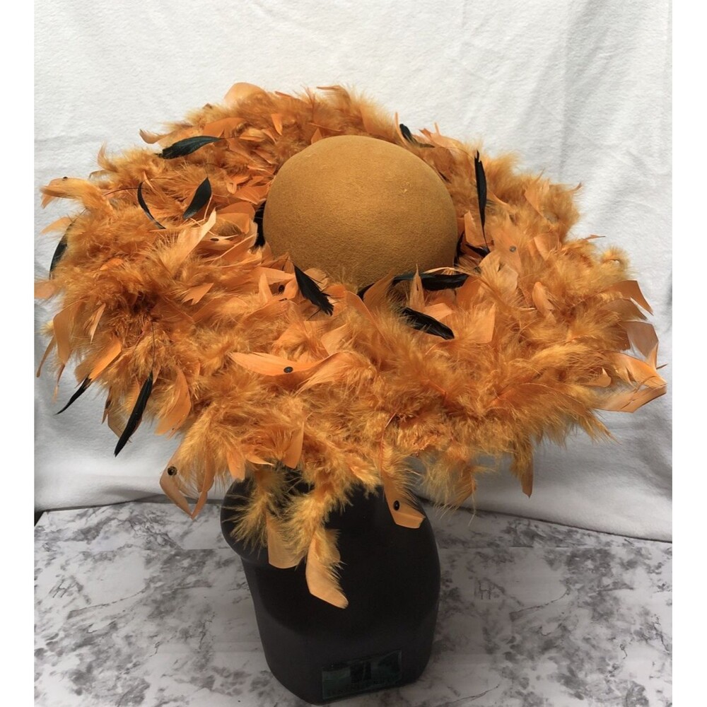 VTG Mr Hi's Classic Hat 100% Wool Mustard Yellow Feather Derby Church Mother